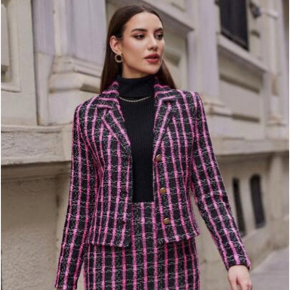Vintage Chanel Style Evan Picone Purple Wool Tweed Plaid Skirt Suit - Size M